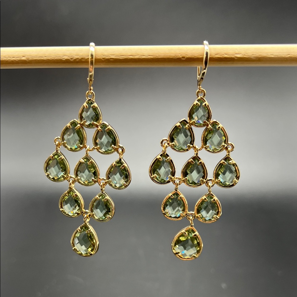 Chic Gold and Green Crystal Chandelier Earrings